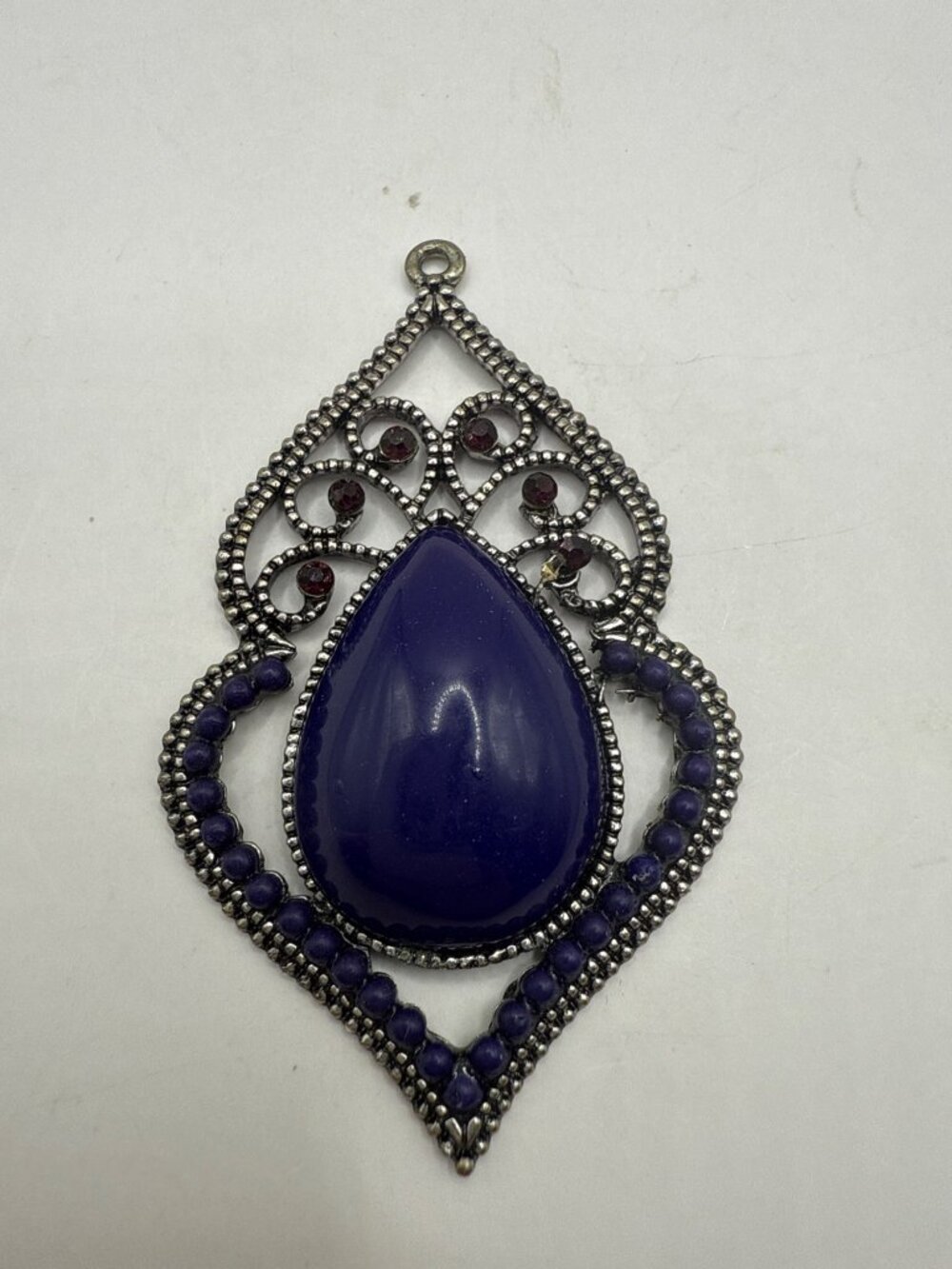 Boho Vintage Silver Tone Blue Teardrop Pendant Filigree Statement Necklace Charm